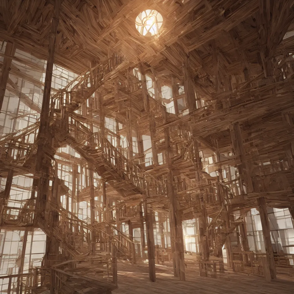 Prompt: a wooden and marble monumental stair tower of light climbing up, designed by japanese architect, highly detailed, 4 k, unreal engine, volumetric lightning, mist, golden goddess athena