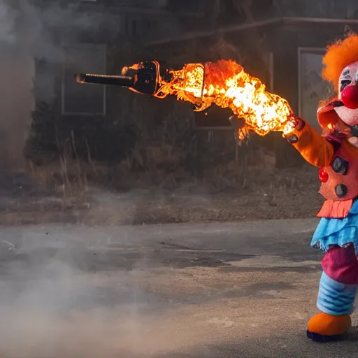 Image similar to photo of a clown using a flamethrower. In the background there is a fire. award-winning, highly-detailed, 8K