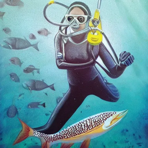 Image similar to a female diver having fun with the fish, hyperrealism