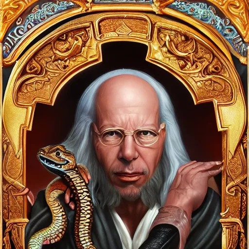 Image similar to a detailed fantasy character painting of Klaus Schwab holding a snake, dressed like Jesus Christ, black glowing eyes, by lauri blank, artgerm, evelyn de morgan, 8K, 50mm lens