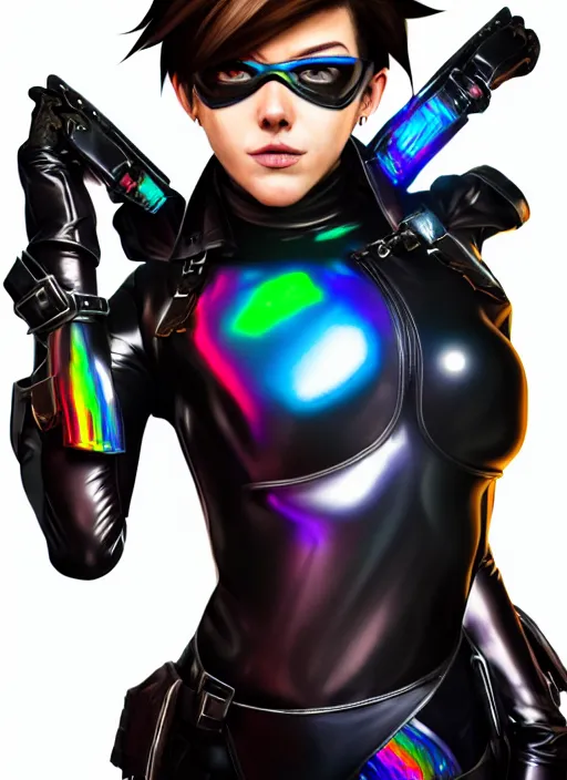 Image similar to hyperrealistic style portrait of tracer overwatch, confident pose, wearing black iridescent rainbow latex, 4 k, expressive happy smug expression, makeup, in style of mark arian, wearing detailed black leather collar, wearing sleek armor, black leather harness, expressive detailed face and eyes,