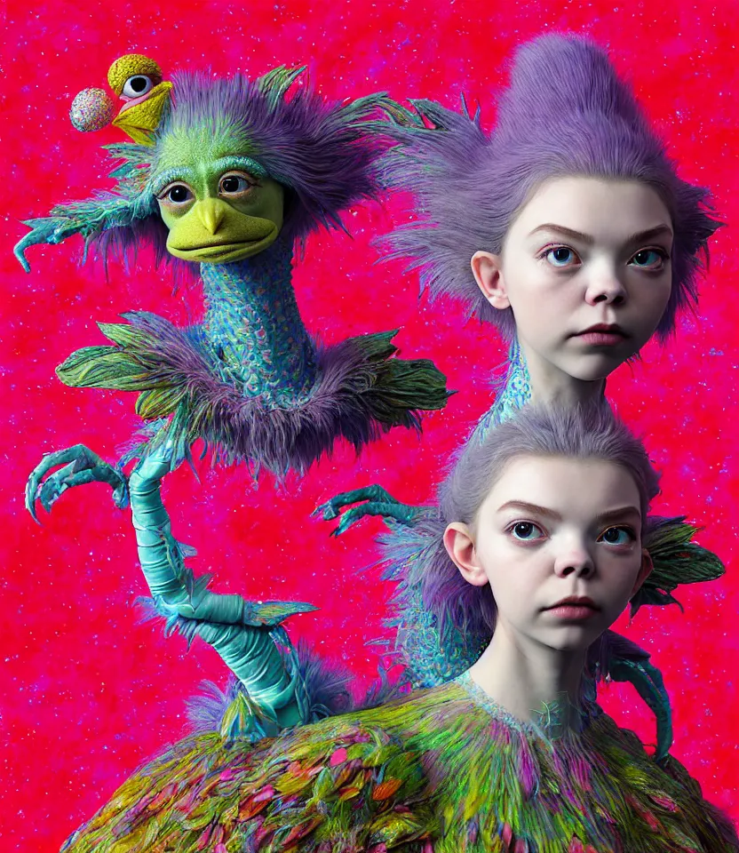 Image similar to hyper detailed 3d render like a Oil painting - kawaii portrait of two Aurora (a beautiful girl skeksis muppet fae princess protective playful expressive acrobatic from dark crystal that looks like Anya Taylor-Joy) seen red carpet photoshoot in UVIVF posing in scaly dress to Eat of the Strangling network of yellowcake aerochrome and milky Fruit and His delicate Hands hold of gossamer polyp blossoms bring iridescent fungal flowers whose spores black the foolish stars by Jacek Yerka, Ilya Kuvshinov, Mariusz Lewandowski, Houdini algorithmic generative render, golen ratio, Abstract brush strokes, Masterpiece, Edward Hopper and James Gilleard, Zdzislaw Beksinski, Mark Ryden, Wolfgang Lettl, hints of Yayoi Kasuma and Dr. Seuss, Grant Wood, octane render, 8k