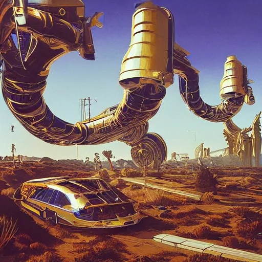 Image similar to painting of syd mead artlilery scifi tech with ornate metal work lands in country landscape, filigree ornaments, volumetric lights, simon stalenhag