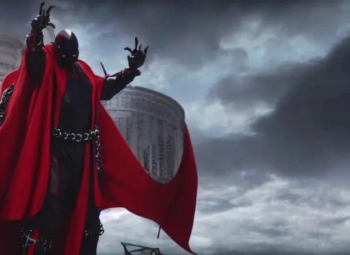 Image similar to film still of jamie foxx as spawn in the new spawn movie, giant chains, large cape, 8 k