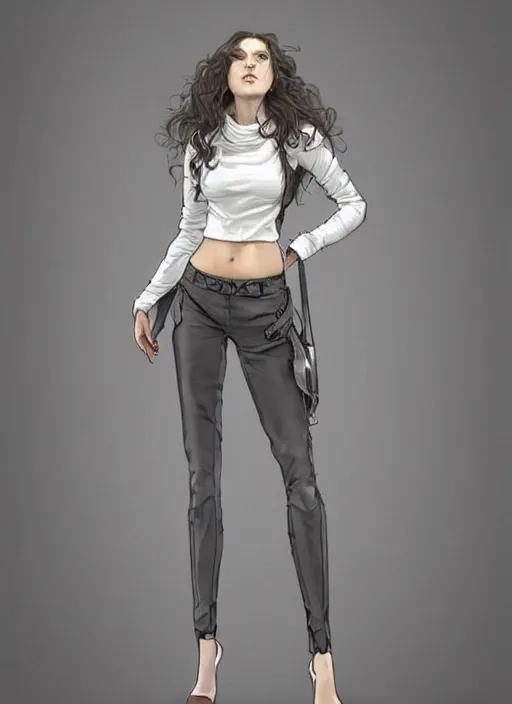 Prompt: girl in very short white! top and very short gray! leather jacket, open belly, long dark curly hair, high waist sweatpants, intricate, elegant, highly detailed, digital painting, artstation, concept art, smooth, illustration, art by artgerm and greg rutkowski and alphonse mucha