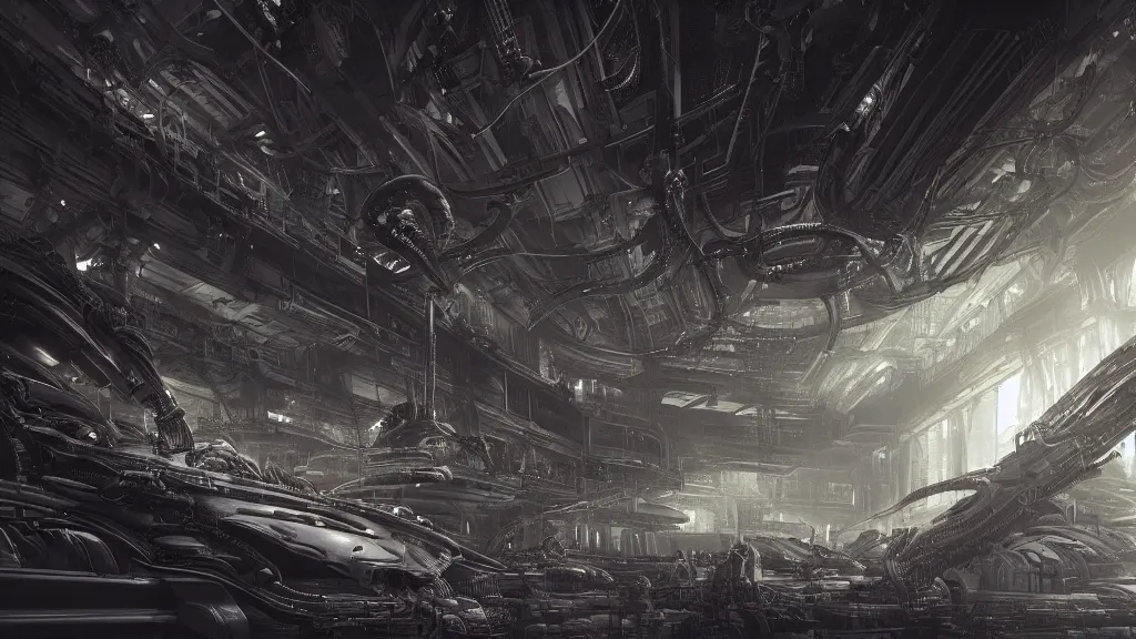 Image similar to a Photorealistic dramatic hyperrealistic,hyper detailed render of an Epic Sci-Fi, Gigantic Alien xenomorph spaceship inside huge interior hangar,intricate bio mechanical surface details in a top secret research facility,many tubes and cables hanging from the ceiling by Greg Rutkowski,Nicolas Bouvier,Sparth,ILM,Beautiful dynamic dramatic very dark moody contrast warm and cold lighting,Volumetric,Cinematic Atmosphere,Octane Render,Artstation,8k