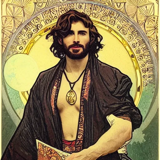 Image similar to chris evans portrait by louis - theophile hingre and alphonse mucha, realistic, sharp focus, zodiac signs, tarot cards, planets, ethereal, art nouveau, magic, moon, sun, crown, dreamy, royal, jewellery