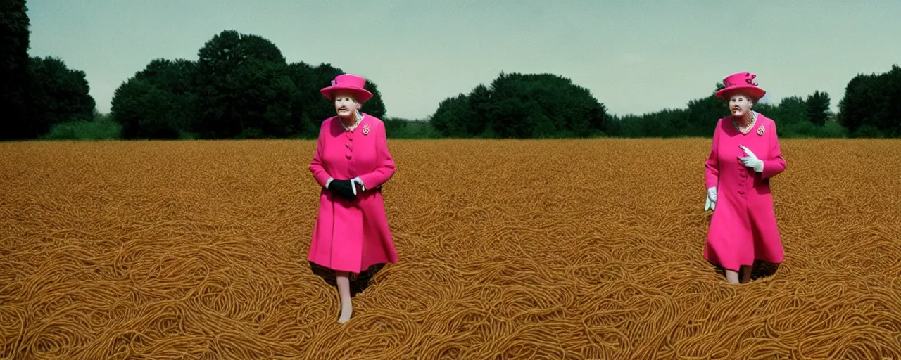 Prompt: queen elizabeth as a young woman walking through a field of spaghetti, canon 2 0 mm, wes anderson, kodachrome