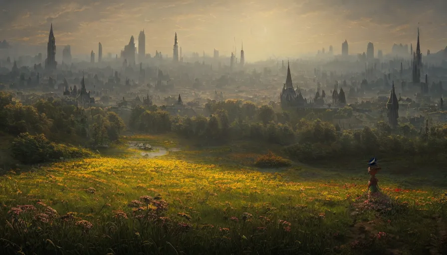 Image similar to landscape painting of a distant flower hill, behind it a distant old german city skyline, fantasy, intricate, elegant, highly detailed, digital painting, artstation, blender, unreal engine 5, octane render, smooth, sharp focus, illustration, by greg rutkowski