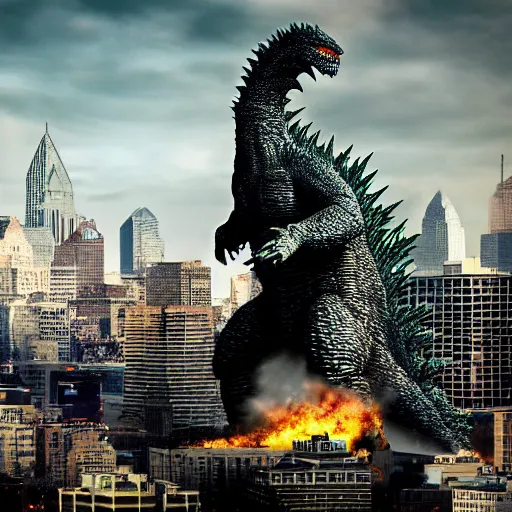 Image similar to godzilla destroying center city philadelphia, high quality, high resolution