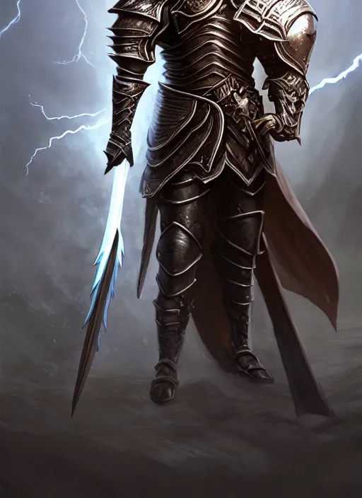 Image similar to portrait of an athletic male knight casting a lightning spell as a diablo 3 character, looking at camera, his armor is infused with lightning bolts, D&D, armor master, short hair, intricate, elegant, stylish, cute smile, fantasy, extremely detailed, digital painting, artstation, concept art, smooth, sharp focus, illustration, ambient lighting, art by artgerm and greg rutkowski and alphonse mucha and simon stalenhag