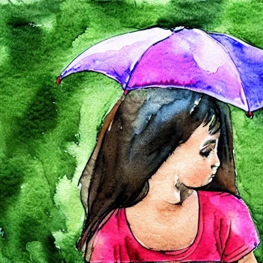 Prompt: girl holding brocoli umbrella watercolor printing