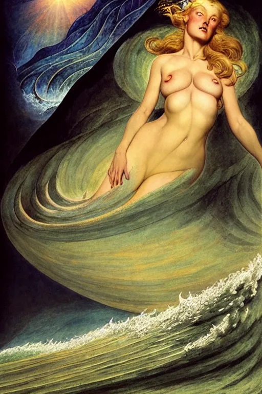 Prompt: a sea witch summoning a giant wave by william blake and karol bak and earl moran and fritz willis and gil elvgren, highly detailed, photorealism, hyperrealistic