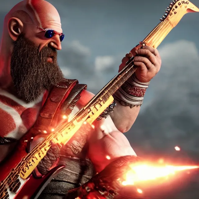 Prompt: sunglasses wearing kratos rocking out on a stratocaster axe, cinematic render, god of war 2 0 1 8, playstation studios official media, lightning, flames, red stripe