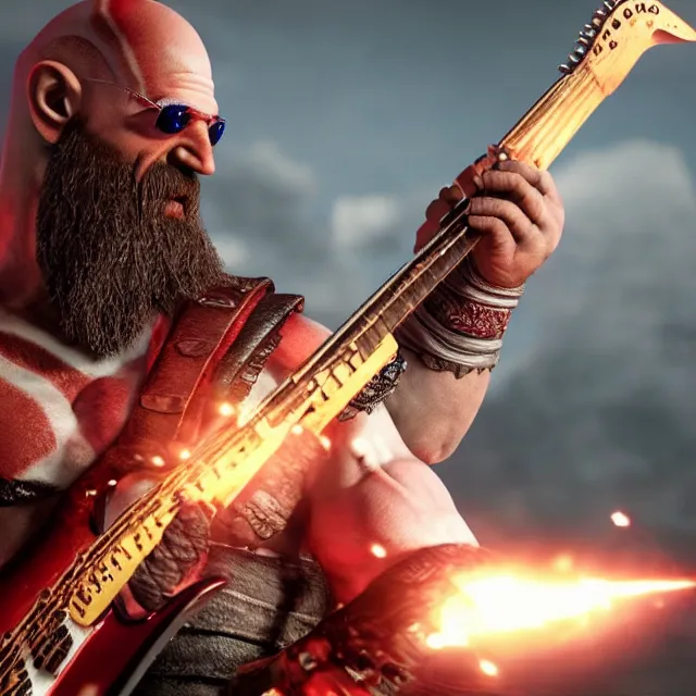 prompthunt: kratos shredding on a flaming stratocaster guitar