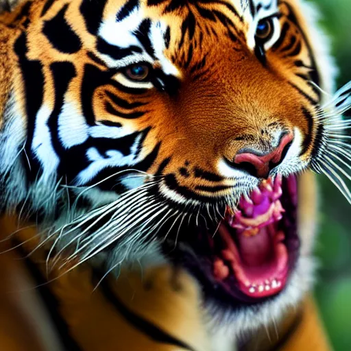 Prompt: close-up realistic photograph of a tiger Yawning, its mouth open very wide where you can look inside, high resolution, F1.8 aperture, HDR studio photograph