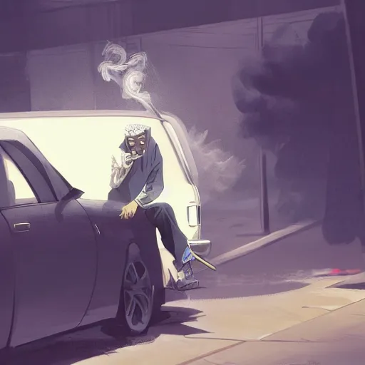 Prompt: saudi arab man smoking in a car, anime digital art in the style of greg rutkowski and craig mullins, 4 k