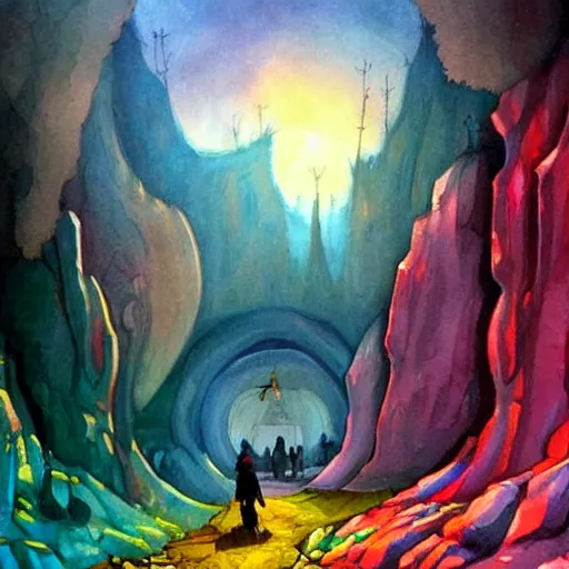 Image similar to a medieval pilgrimage walking among giant colorful crystals in a gigantic cavern deep underground, dark, fantasy, realistic painting