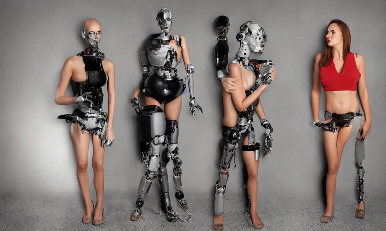 Prompt: full body photo of a woman with human face and robot body, robot body, steel body, human face, cyborg body