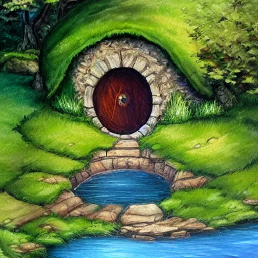 Image similar to landscape painting of bag end hobbit hole, round door, tolkein, lord of the rings, painting by bob ross