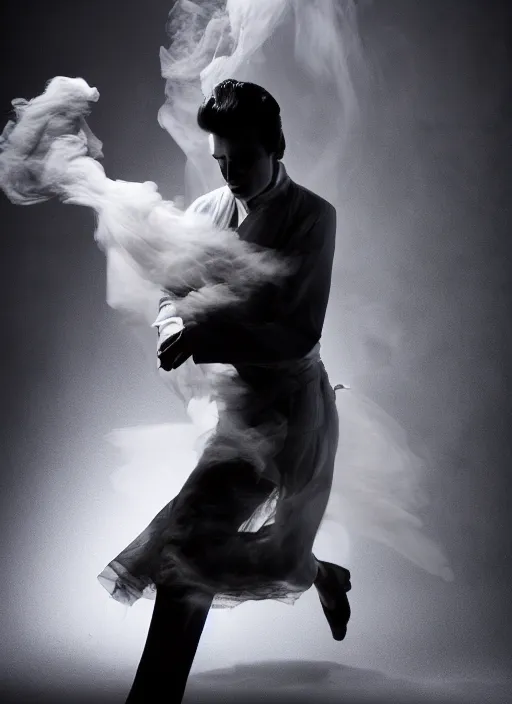 Image similar to a photorealistic dramatic hyperrealistic render of a glamorous beautiful elvis presley by ken brower and deborah ory of nyc dance project, lois greenfield, flowing cloth and smoke, beautiful dynamic dramatic dark moody lighting, volumetric, shadows, cinematic atmosphere, octane render, 8 k