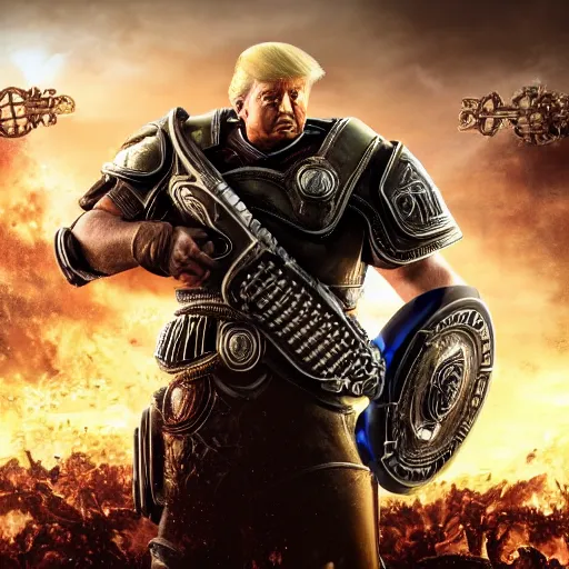 Image similar to Photo portrait of Donald Trump as King Leonidas in Gears of War, splash art, movie still, detailed face, photorealistic facial features, cinematic lighting, dramatic, octane render, long lens, shallow depth of field, bokeh, anamorphic lens flare, 8k, hyper detailed, 35mm film grain