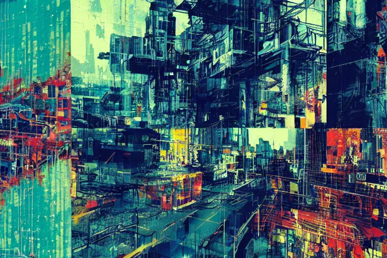 Image similar to fragmented architecture collage by atelier olschinsky and Ernst Haas, cyberpunk, (high contrast), ((oversaturated)), grafitti paint, bokeh, dof, unreal engine