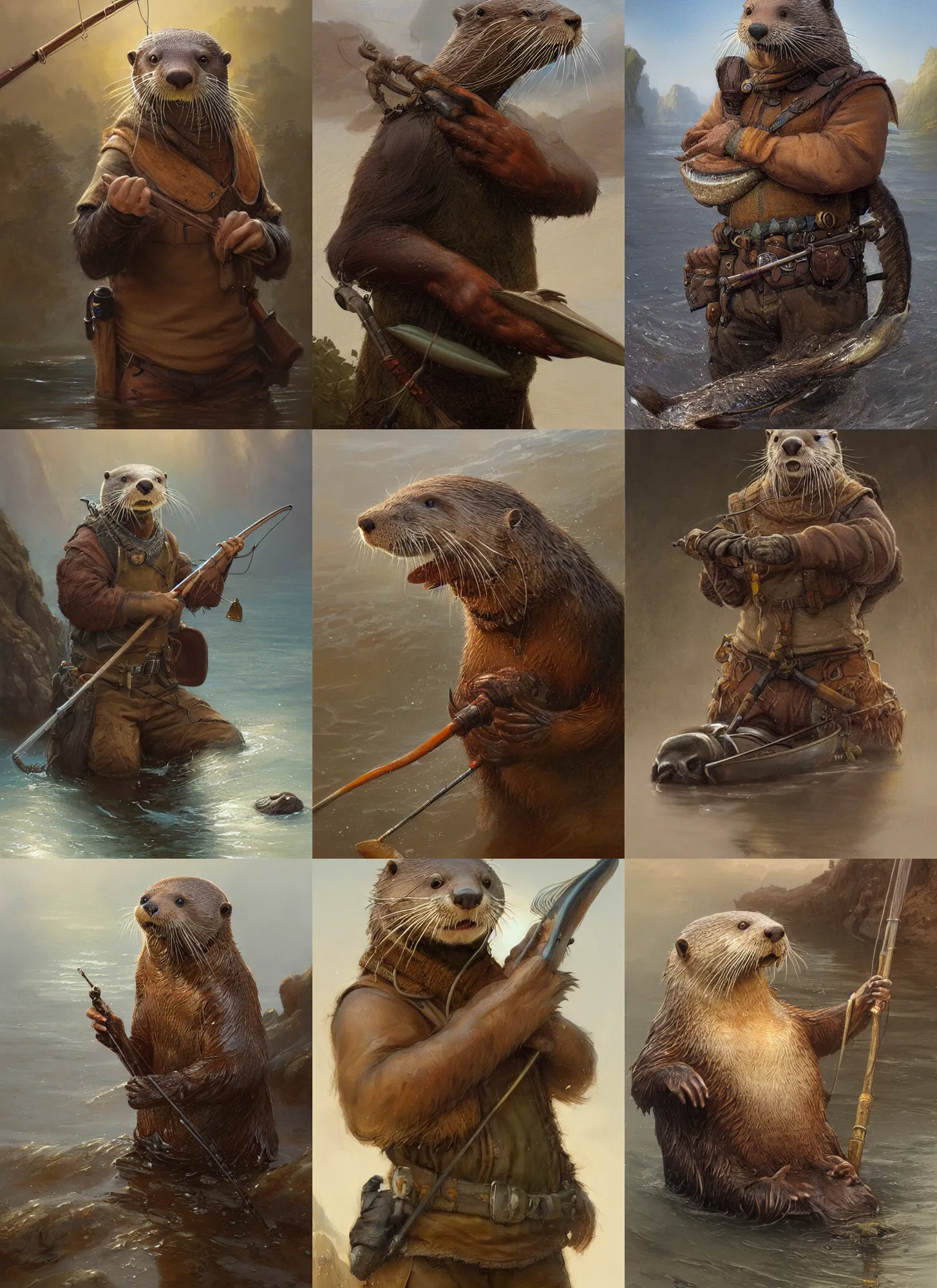 Prompt: a detailed portrait and full body of a otter fisherman, by justin gerard and greg rutkowski, digital art, realistic painting, dnd, character design, donato giancola and greg rutkowski, realistic face, digital art, trending on artstation