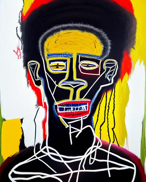 Image similar to A extremely ultra highly detailed majestic hi-res beautiful immaculate head and shoulders award winning painting stunning portrait masterpiece of the face of a strong black african man by Jean-Michel Basquiat, 8k, high textures, ultra hyper sharp, insanely detailed and intricate, super detailed, 8k HDR ultra high quality