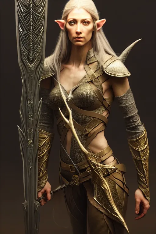 Image similar to hyperrealistic mixed media painting of a female elven ranger, tall confident stature, d&d, full body, stunning 3d render inspired art by P. Craig Russell and Barry Windsor-Smith + perfect facial symmetry + dim volumetric lighting, 8k octane beautifully detailed render, post-processing, extremely hyperdetailed, intricate, epic composition, grim yet sparkling atmosphere, cinematic lighting + masterpiece, trending on artstation, very very detailed, masterpiece, stunning