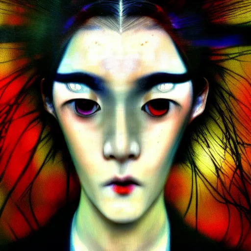 Image similar to yoshitaka amano blurred and dreamy realistic three quarter angle portrait of a woman with weird makeup and black eyes wearing dress suit with tie, junji ito abstract patterns in the background, satoshi kon anime, noisy film grain effect, highly detailed, renaissance oil painting, weird portrait angle, blurred lost edges