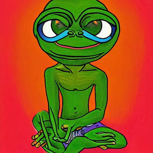 Image similar to a portrait of pepe the frog meditating and reaching nirvana, by matt furie