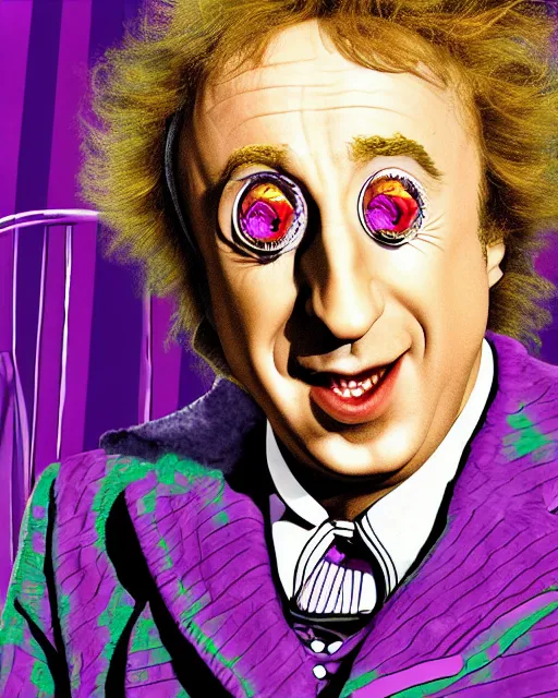 Prompt: gene wilder in willy wonka and the eggplant factory, digital art