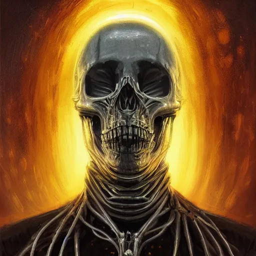 Prompt: surreal portrait of a man by Greg Rutkowski and H.R Giger, a biomechanical skull from whose sockets a red light emanates, between human and alien, connected by pipes and cables, terrifying, disturbing, cosmic void background, frightening, fascinating, highly detailed portrait, digital painting, book cover, artstation, concept art, smooth, sharp foccus ilustration, Artstation HQ.