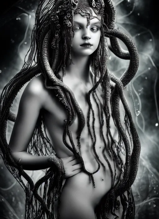 Image similar to surreal mythical dreamy dark artistic black and white fine art photo of a beautiful young female medusa - mermaid - cyborg covered with translucent algae, highly detailed, intricate crystal ivy jelly fish scales ornate, lace web, poetic, octane render, 8 k, photo - realistic, by horst p. horst