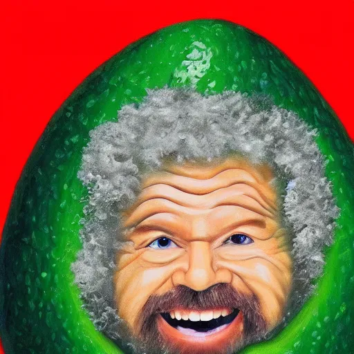 Image similar to bob ross embedded in an avocado, surrealist painting