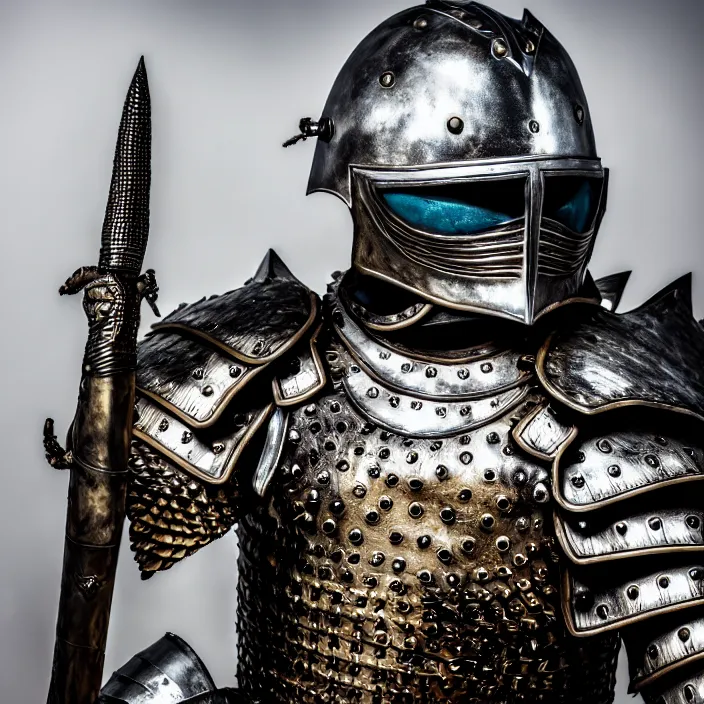 Image similar to photo of a warrior with metal crocodile themed armour and helmet, highly detailed, 4 k, hdr, smooth, sharp focus, high resolution, award - winning photo