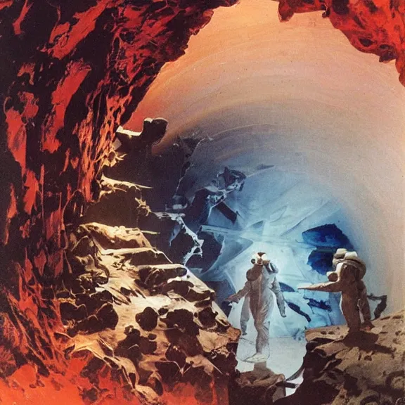 Prompt: two scientists, in red and silver hazmat suits, entering the geometric rainbow crystal dimensional gateway by frank frazetta