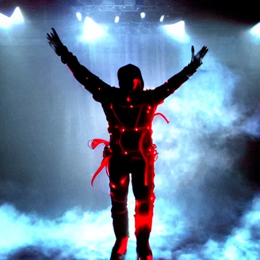 Prompt: dusty Trent Reznor, elaborate stage effects, dust, smoke, giant red LED screens, colored projections, ultrafine detail, goth cybersuit, glowing thin wires, smoke, high contrast, projections, associated press photo, masterpiece