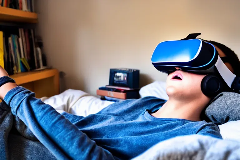 Image similar to A stock photo of a teenage boy laying in bed with a bunch of stuff wearing a VR-headset, featured on flickr, cluttered room