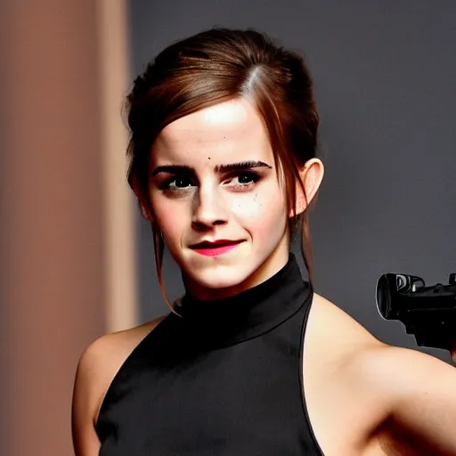 Prompt: emma watson pointing shotgun at camera,