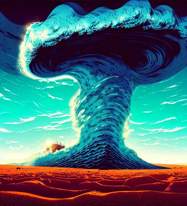 Prompt: a giant ocean wave swirling in the sky above a barren desert by ivan shishkin and zacharias aagaard and simon stalenhag and dan mumford and josan gonzalez, surrealism, hyper detailed, vibrant, high contrast, desaturated, retrowave