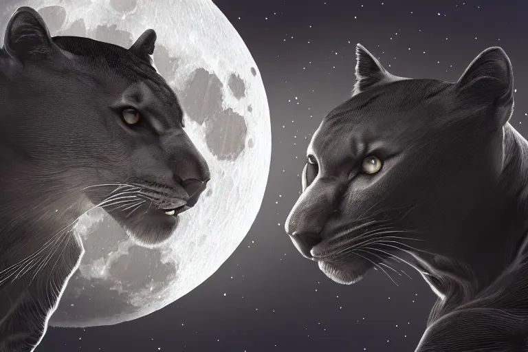 Image similar to a panther roaring at the moon in a forest during the night, large moon in the center. high quality. artistic. illustration. 4 k. cinematic. photoreal. highly detailed. dramatic. dark colors. night.