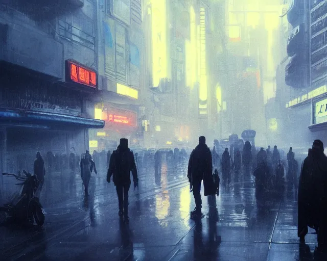 Prompt: 2 0 1 8 blade runner movie still clint eastwood look at the cityscape from roof perfect face fine realistic face pretty face reflective polymer suit tight neon puffy jacket blue futuristic sci - fi elegant by denis villeneuve tom anders zorn hans dragan bibin thoma greg rutkowski ismail inceoglu illustrated sand storm alphonse mucha