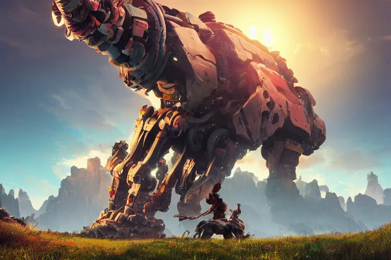 Image similar to tremortusk machine mecanical creature robot of horizon forbidden west horizon zero dawn radiating a glowing aura global illumination ray tracing hdr fanart arstation by ian pesty and alena aenami artworks in 4 k