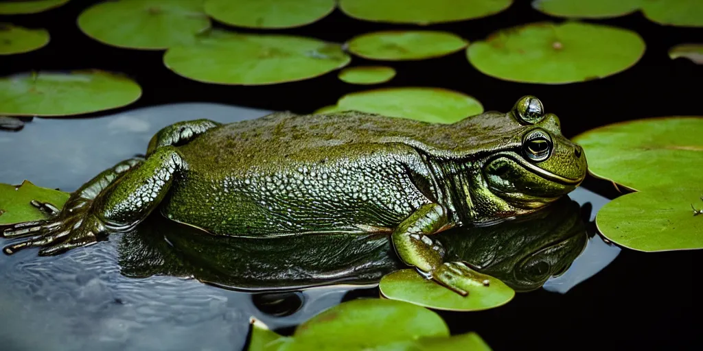 Image similar to detailed medium format photo, polaroid still from tarkovsky movie, of a large bullfrog sitting on a lilly pad in a murky swamp smoking a cigarette, haze, high production value, intricate details, 8 k resolution, hyperrealistic, hdr, photorealistic, high definition, tehnicolor, award - winning photography, masterpiece, amazing colors