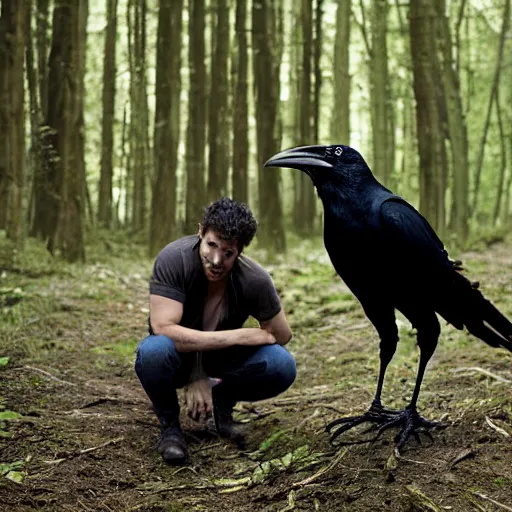 Image similar to !! werecreature consisting of male human and crow, photograph captured in a forest