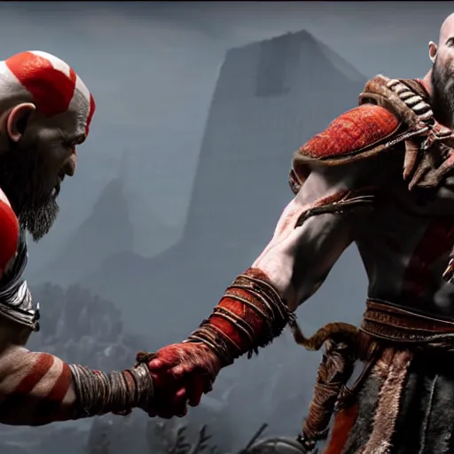 Image similar to screenshot of the game God of War with Kratos and Spiderman high fiving | Sony Pictures official media | Spiderman | Spiderman | Spiderman