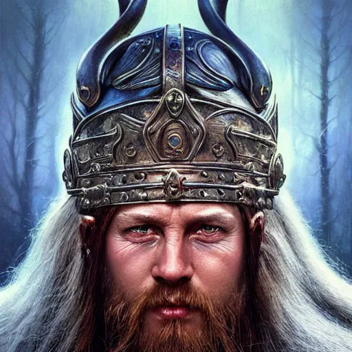 Prompt: a hyperrealistic acrylic portrait painting of a viking king by artgerm, beksinski and thomas kinkade. intricate details. believable eyes. front on, symmetrical. head to shoulders shot. epic fantasy art.