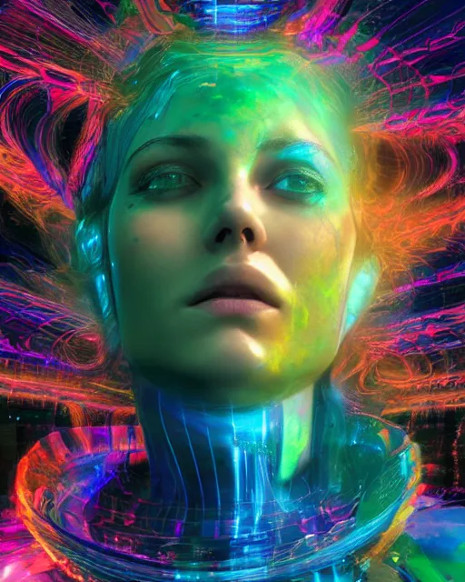 Image similar to a powerful energy psychedelic woman, by alexander fedosav, hyper detailed digital matte painting, concept art, hyperrealism, 1 6 k resolution, cinema 4 d, 8 k resolution, trending on artstation, behance hd, a masterpiece, by stephan martiniere, particles, cel - shaded, power bright neon energy, by david a. hardy,